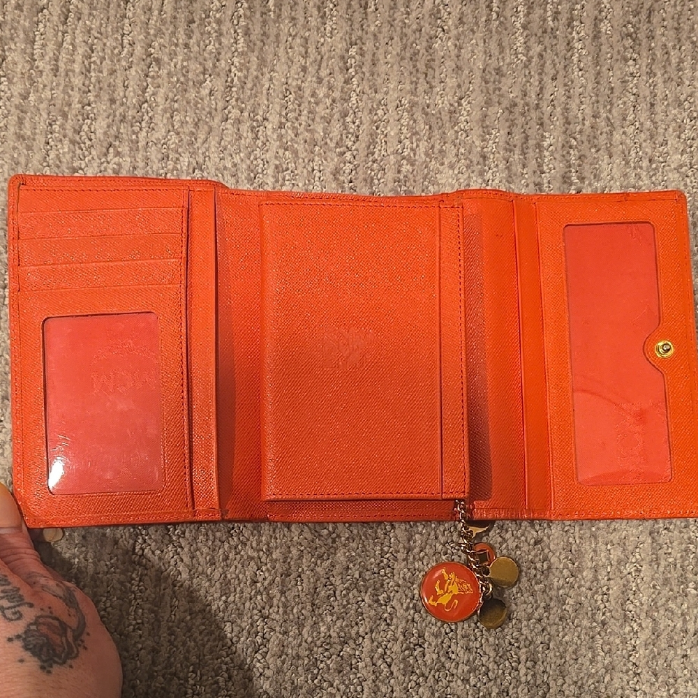 MCM Orange Saffiano Leather Flap Wallet with Gold Accents - Picture 10 of 13